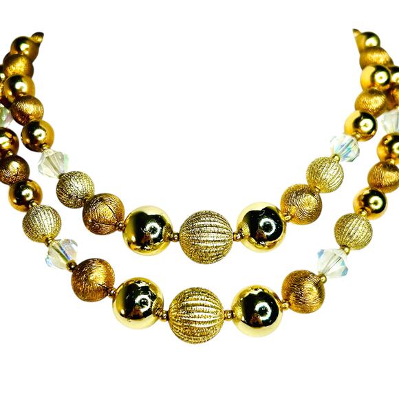 Vintage Lisner Gold Tone Aurora Borealis Double Layer Beaded Choker Necklace - Picture 3 of 7